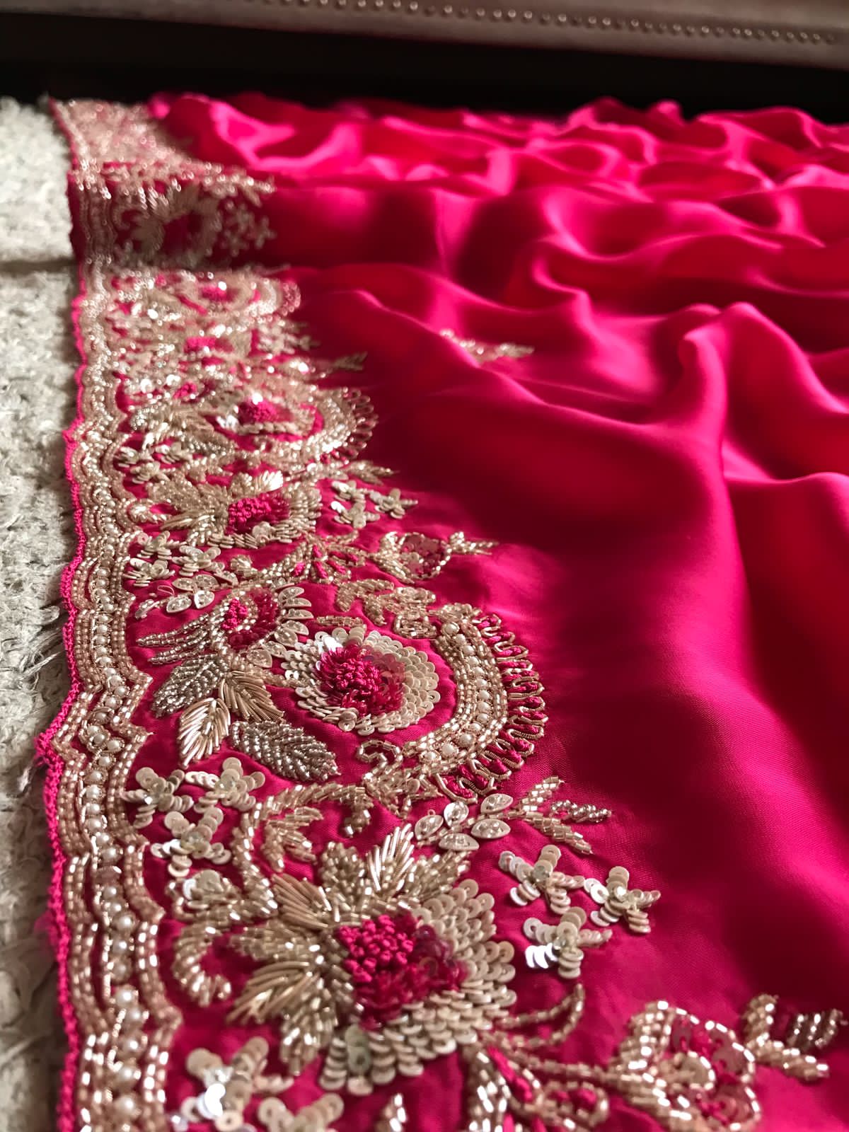 Rani Pink Premium Satin Organza Silk Saree with Zardozi Handwork