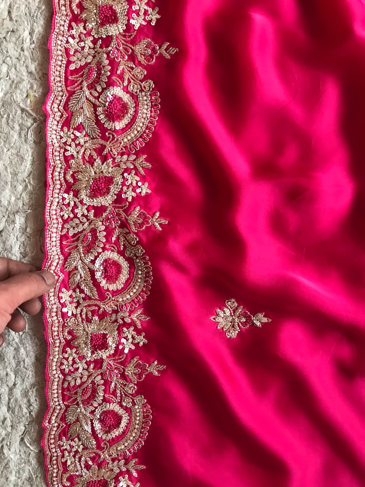 Rani Pink Premium Satin Organza Silk Saree with Zardozi Handwork