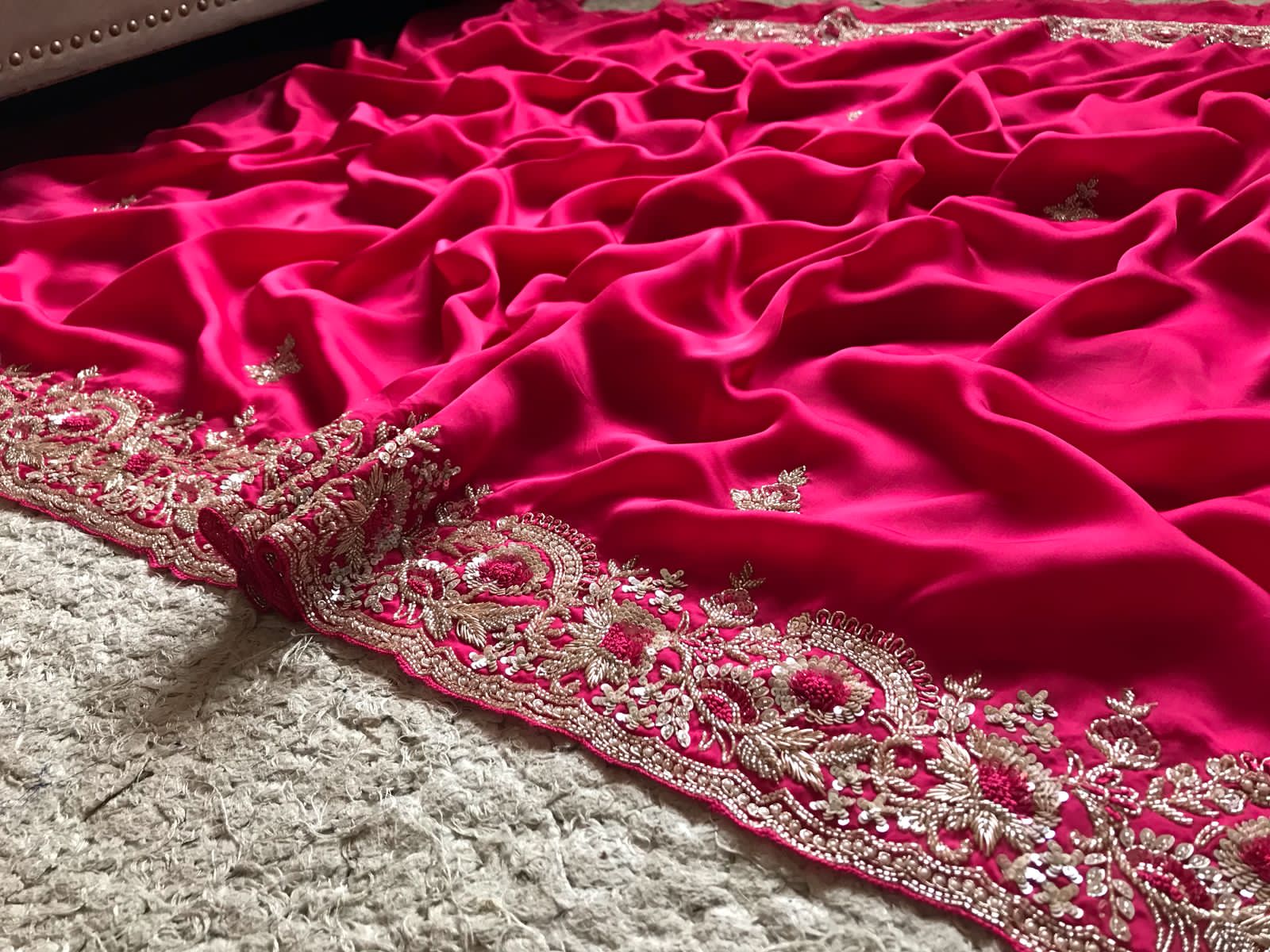 Rani Pink Premium Satin Organza Silk Saree with Zardozi Handwork