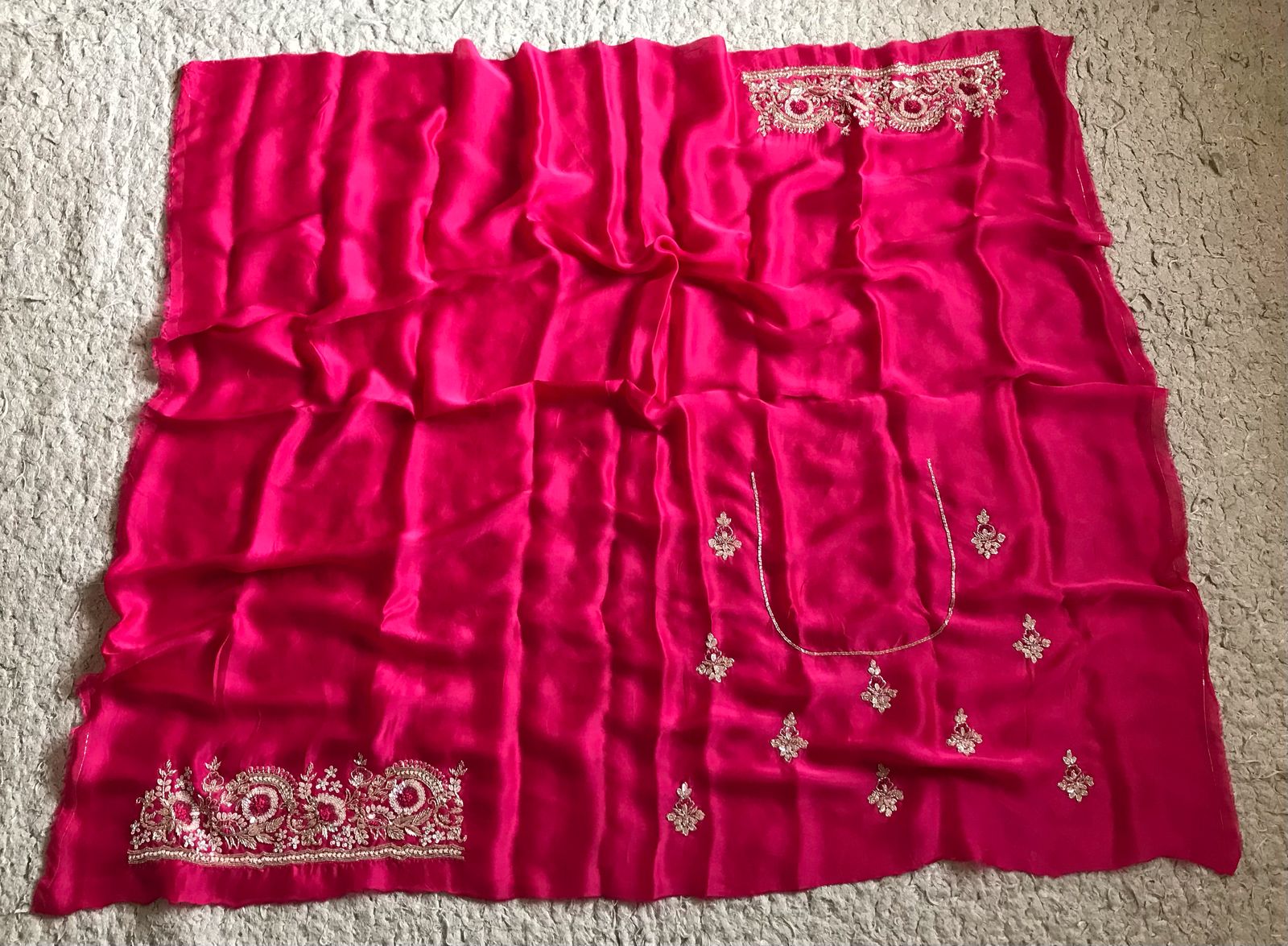 Rani Pink Premium Satin Organza Silk Saree with Zardozi Handwork