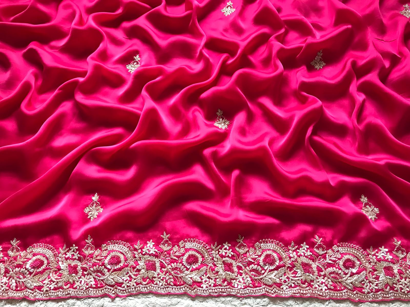 Rani Pink Premium Satin Organza Silk Saree with Zardozi Handwork