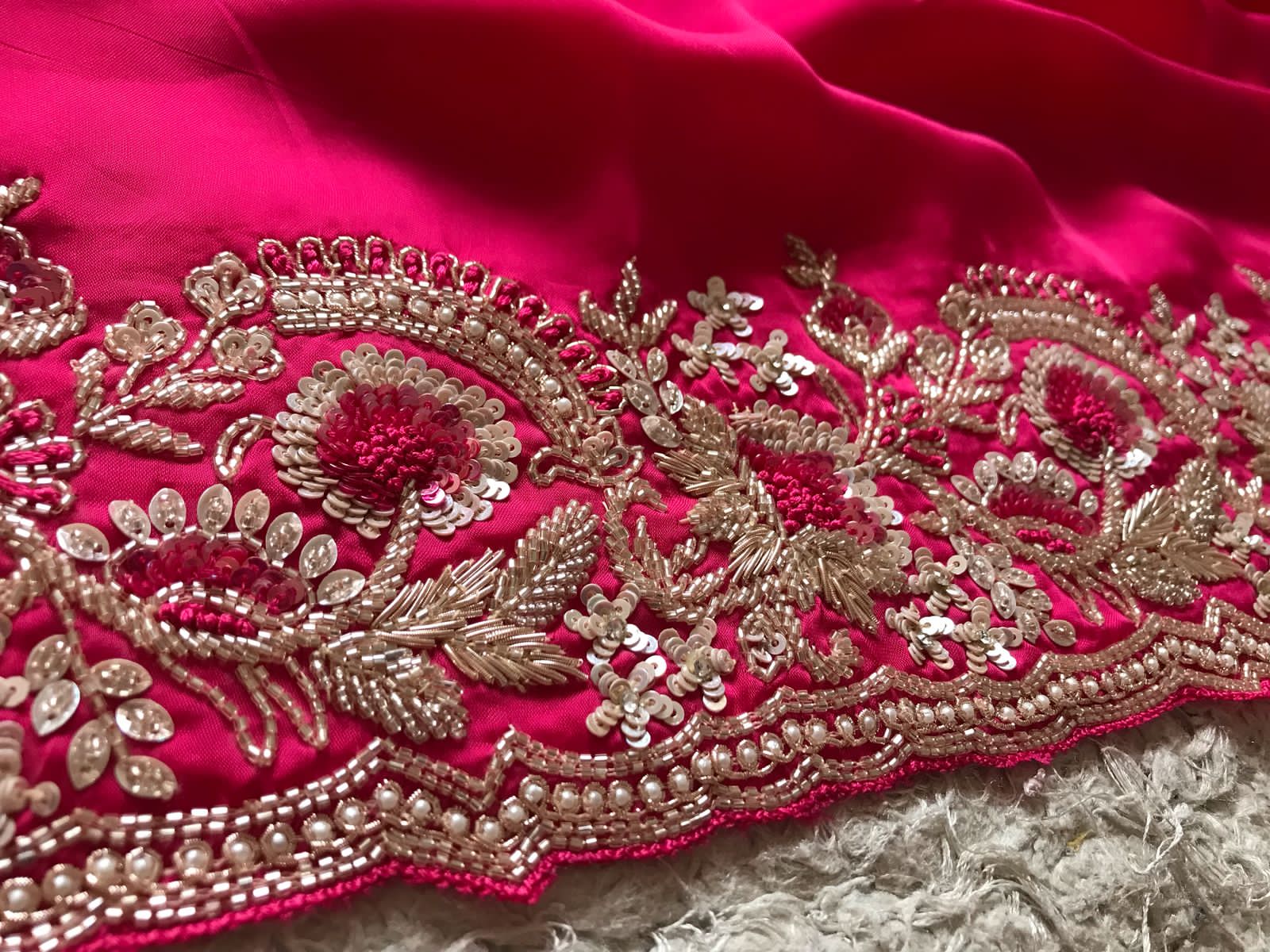 Rani Pink Premium Satin Organza Silk Saree with Zardozi Handwork