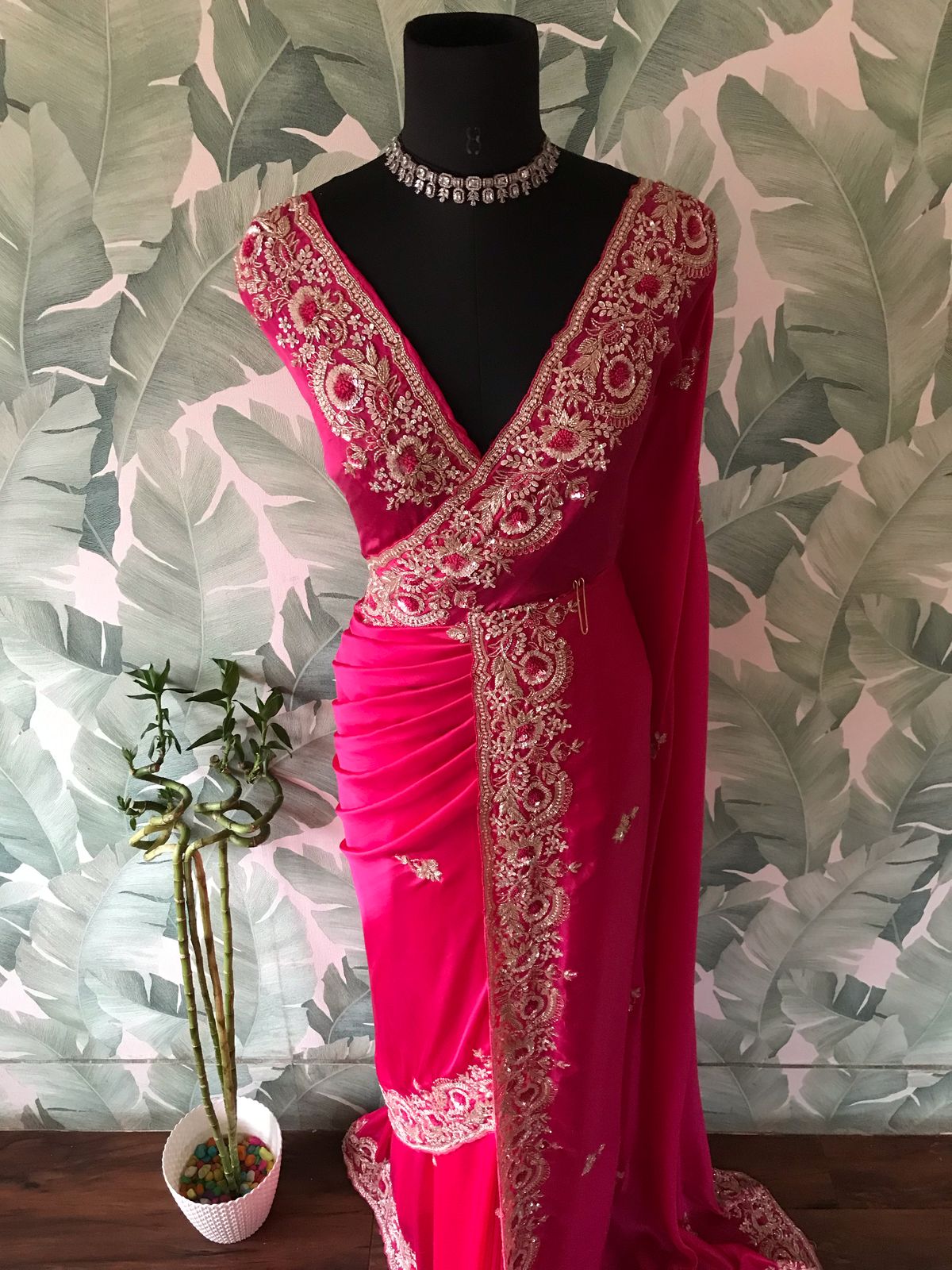 Rani Pink Premium Satin Organza Silk Saree with Zardozi Handwork