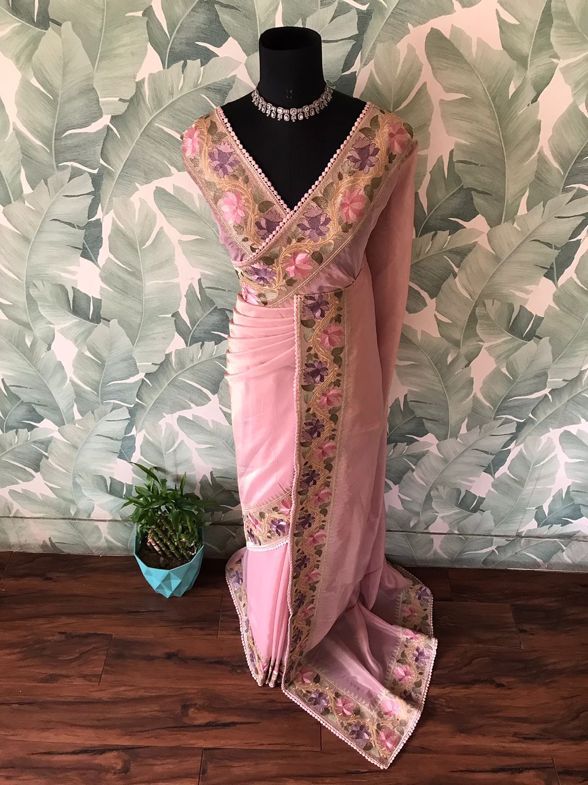 Premium Pure Banarasi Zari Tissue Silk Saree with Lotus Embroidery