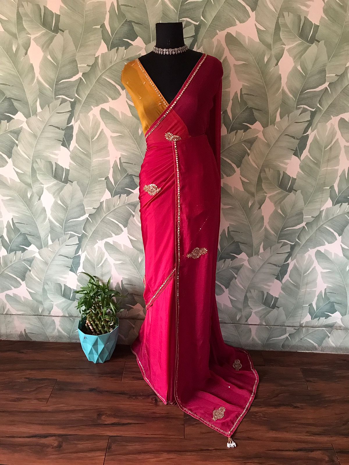 Premium Pure Russian Silk Saree with Original Mirror Handwork