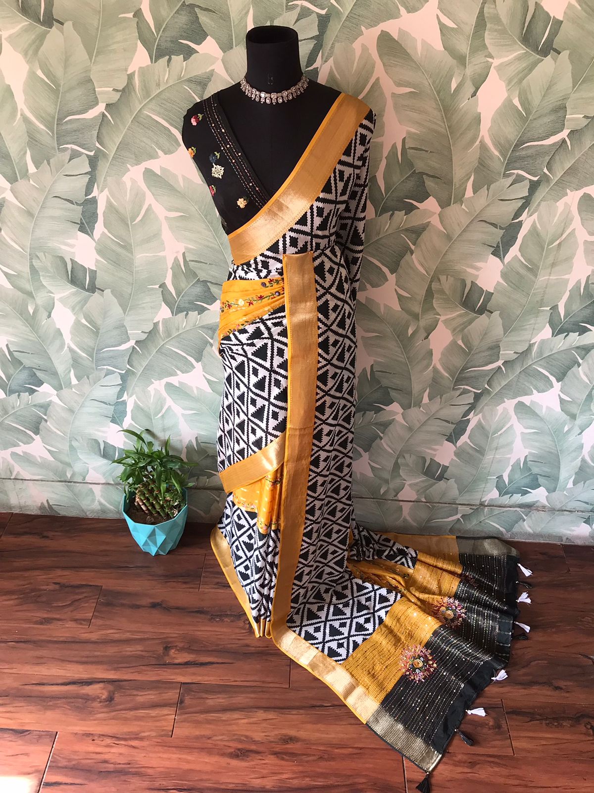Premium Khaddi Muga Crepe Silk Saree in Black & White with Quirky Yellow Accents