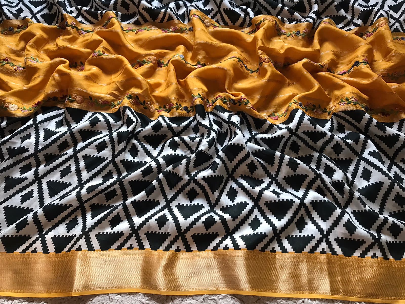 Premium Khaddi Muga Crepe Silk Saree in Black & White with Quirky Yellow Accents
