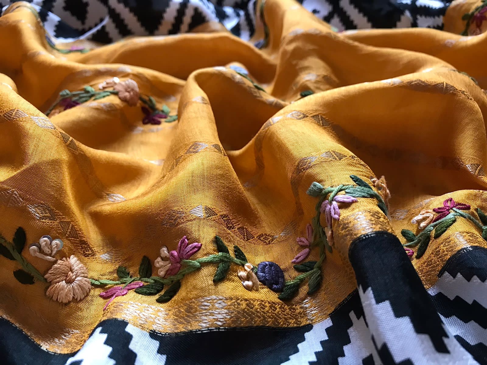 Premium Khaddi Muga Crepe Silk Saree in Black & White with Quirky Yellow Accents