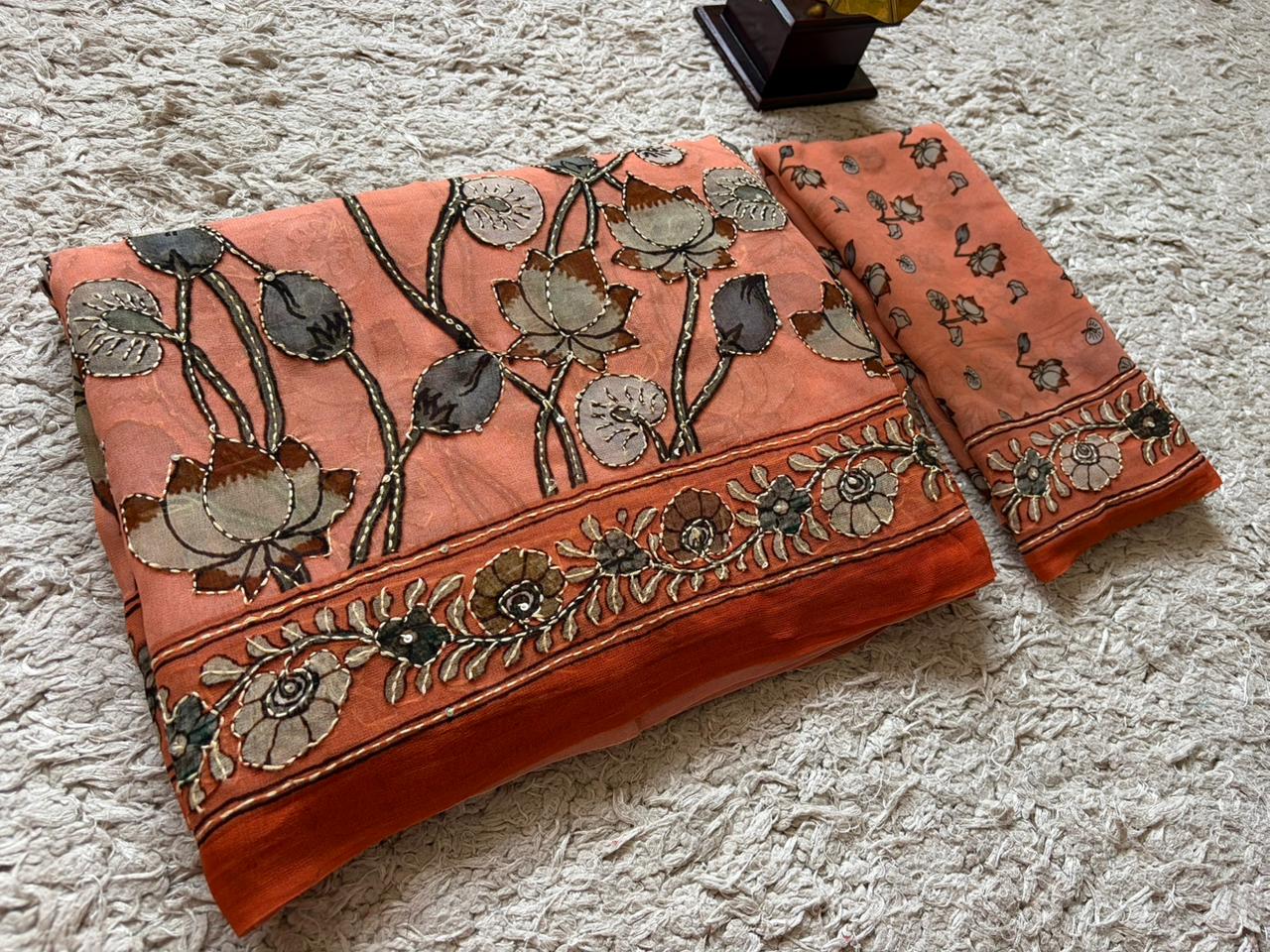 Kalamkari Georgette Silk Saree with Sparkling Kantha Embellishments