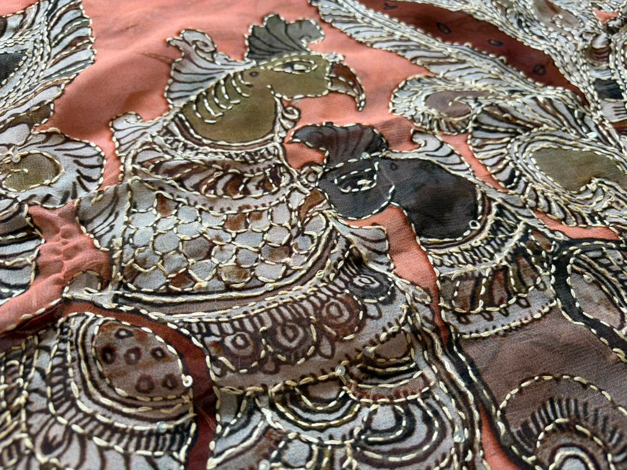 Kalamkari Georgette Silk Saree with Sparkling Kantha Embellishments