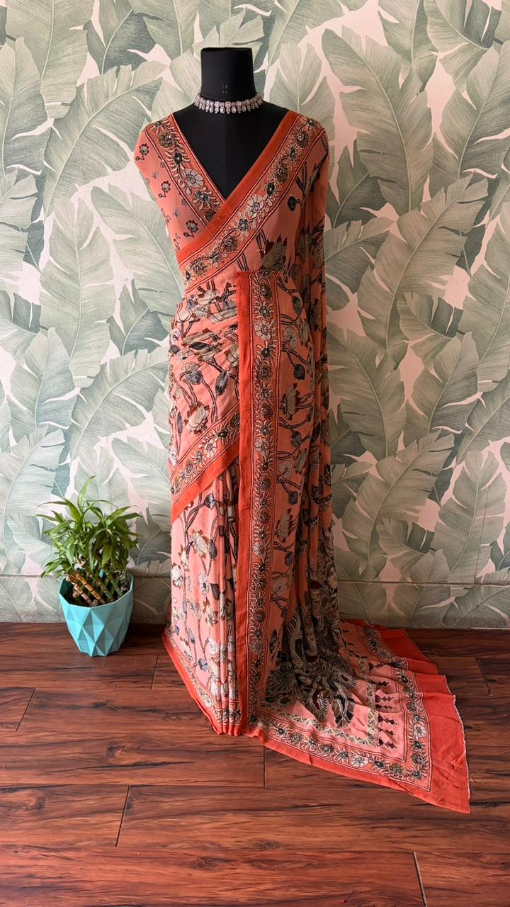 Kalamkari Georgette Silk Saree with Sparkling Kantha Embellishments