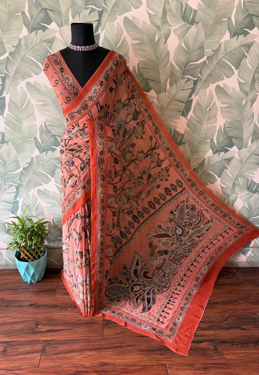 Kalamkari Georgette Silk Saree with Sparkling Kantha Embellishments