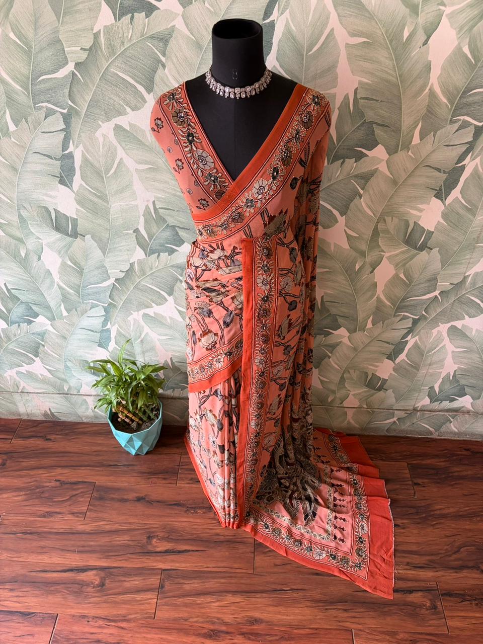 Kalamkari Georgette Silk Saree with Sparkling Kantha Embellishments