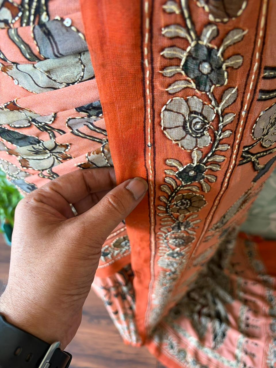 Kalamkari Georgette Silk Saree with Sparkling Kantha Embellishments