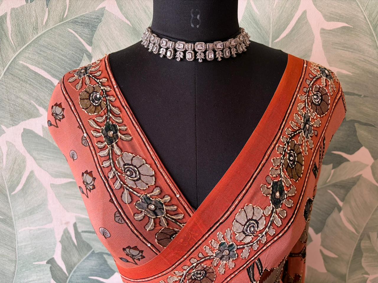 Kalamkari Georgette Silk Saree with Sparkling Kantha Embellishments