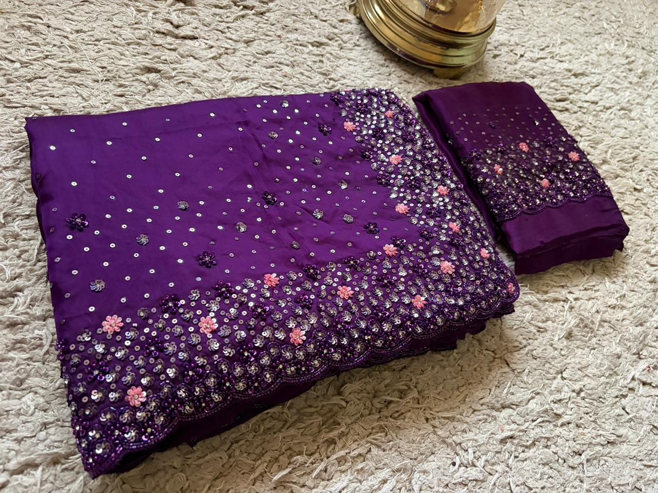 Purple Premium Satin Organza Silk Saree with Intricate Pearl Sequins Cut Daana Handwork & Heavy Russian Silk Embellishment