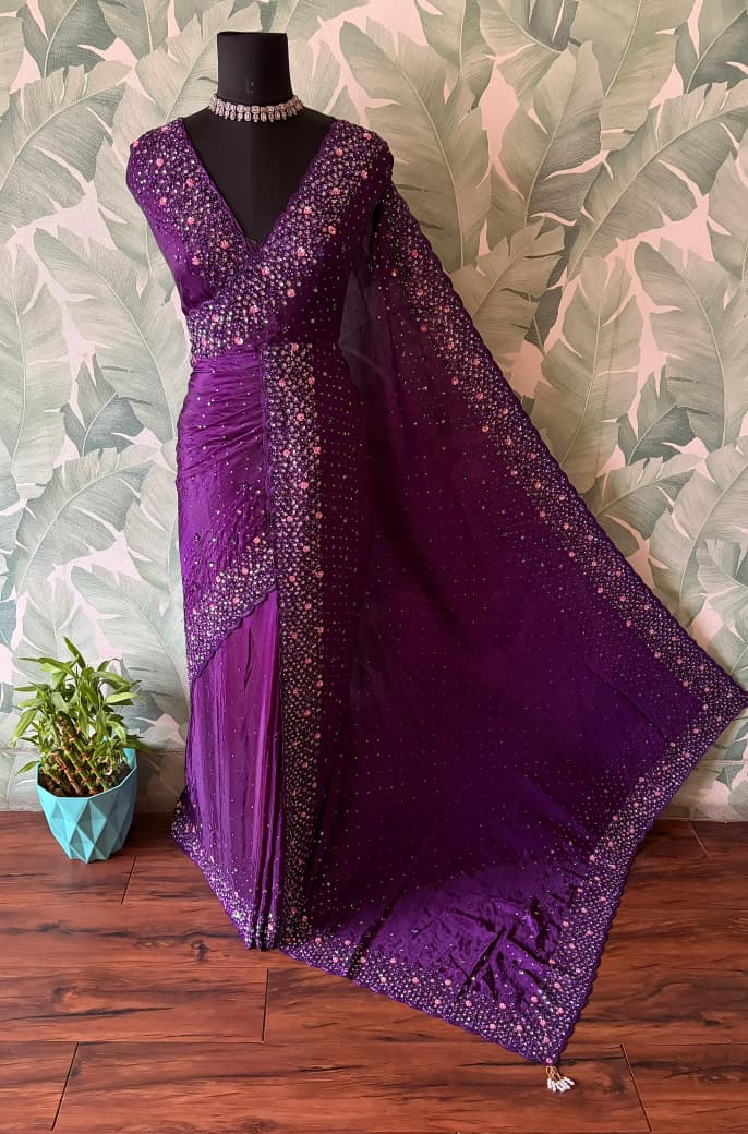 Purple Premium Satin Organza Silk Saree with Intricate Pearl Sequins Cut Daana Handwork & Heavy Russian Silk Embellishment
