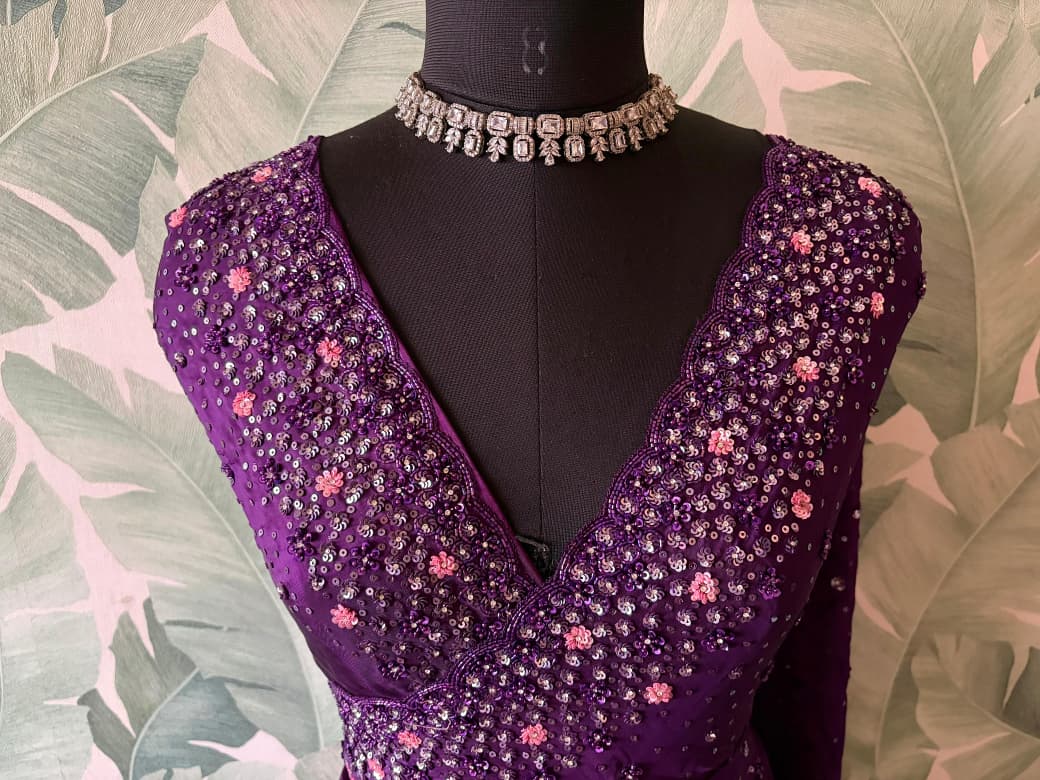 Purple Premium Satin Organza Silk Saree with Intricate Pearl Sequins Cut Daana Handwork & Heavy Russian Silk Embellishment