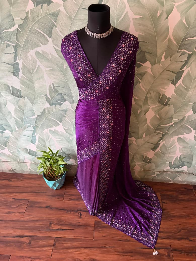Purple Premium Satin Organza Silk Saree with Intricate Pearl Sequins Cut Daana Handwork & Heavy Russian Silk Embellishment