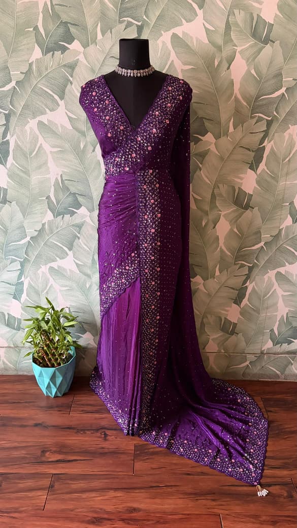 Purple Premium Satin Organza Silk Saree with Intricate Pearl Sequins Cut Daana Handwork & Heavy Russian Silk Embellishment