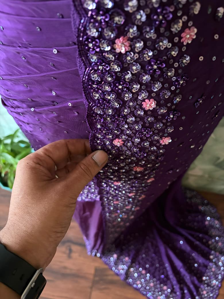 Purple Premium Satin Organza Silk Saree with Intricate Pearl Sequins Cut Daana Handwork & Heavy Russian Silk Embellishment