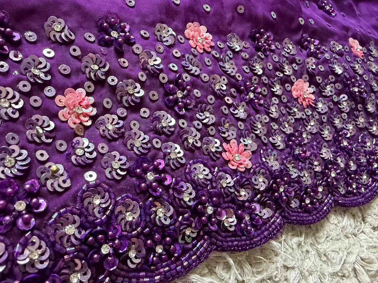Purple Premium Satin Organza Silk Saree with Intricate Pearl Sequins Cut Daana Handwork & Heavy Russian Silk Embellishment
