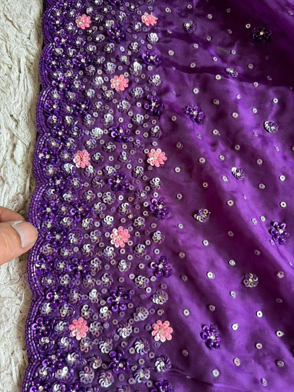 Purple Premium Satin Organza Silk Saree with Intricate Pearl Sequins Cut Daana Handwork & Heavy Russian Silk Embellishment