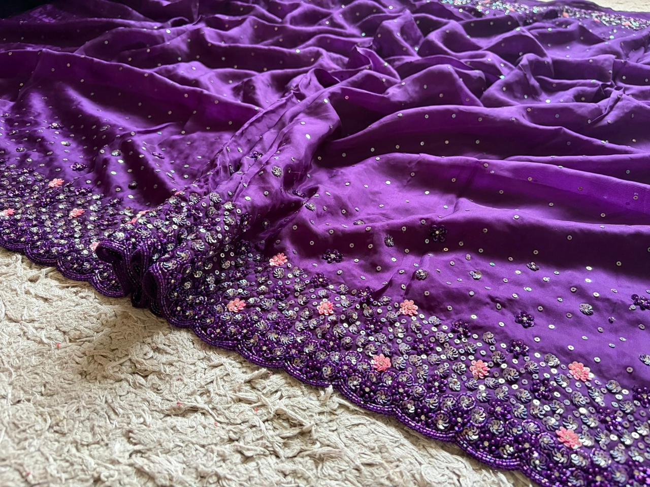 Purple Premium Satin Organza Silk Saree with Intricate Pearl Sequins Cut Daana Handwork & Heavy Russian Silk Embellishment