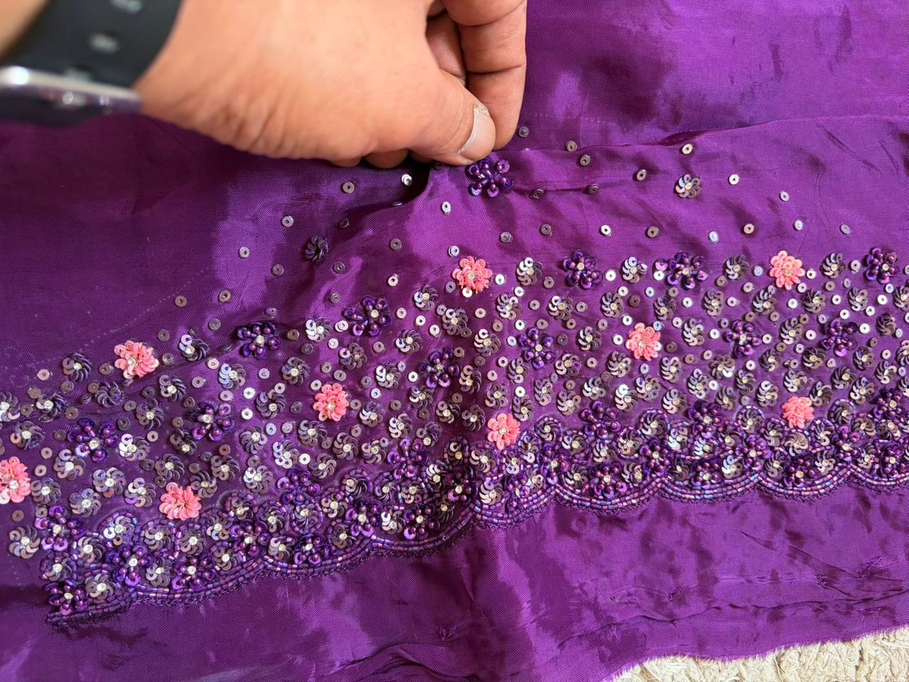 Purple Premium Satin Organza Silk Saree with Intricate Pearl Sequins Cut Daana Handwork & Heavy Russian Silk Embellishment