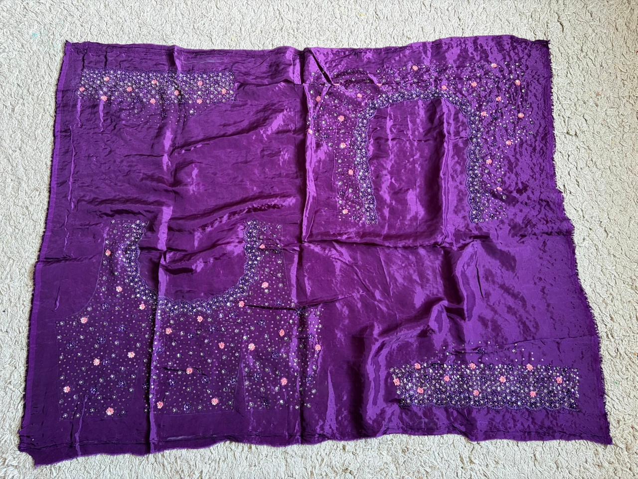 Purple Premium Satin Organza Silk Saree with Intricate Pearl Sequins Cut Daana Handwork & Heavy Russian Silk Embellishment