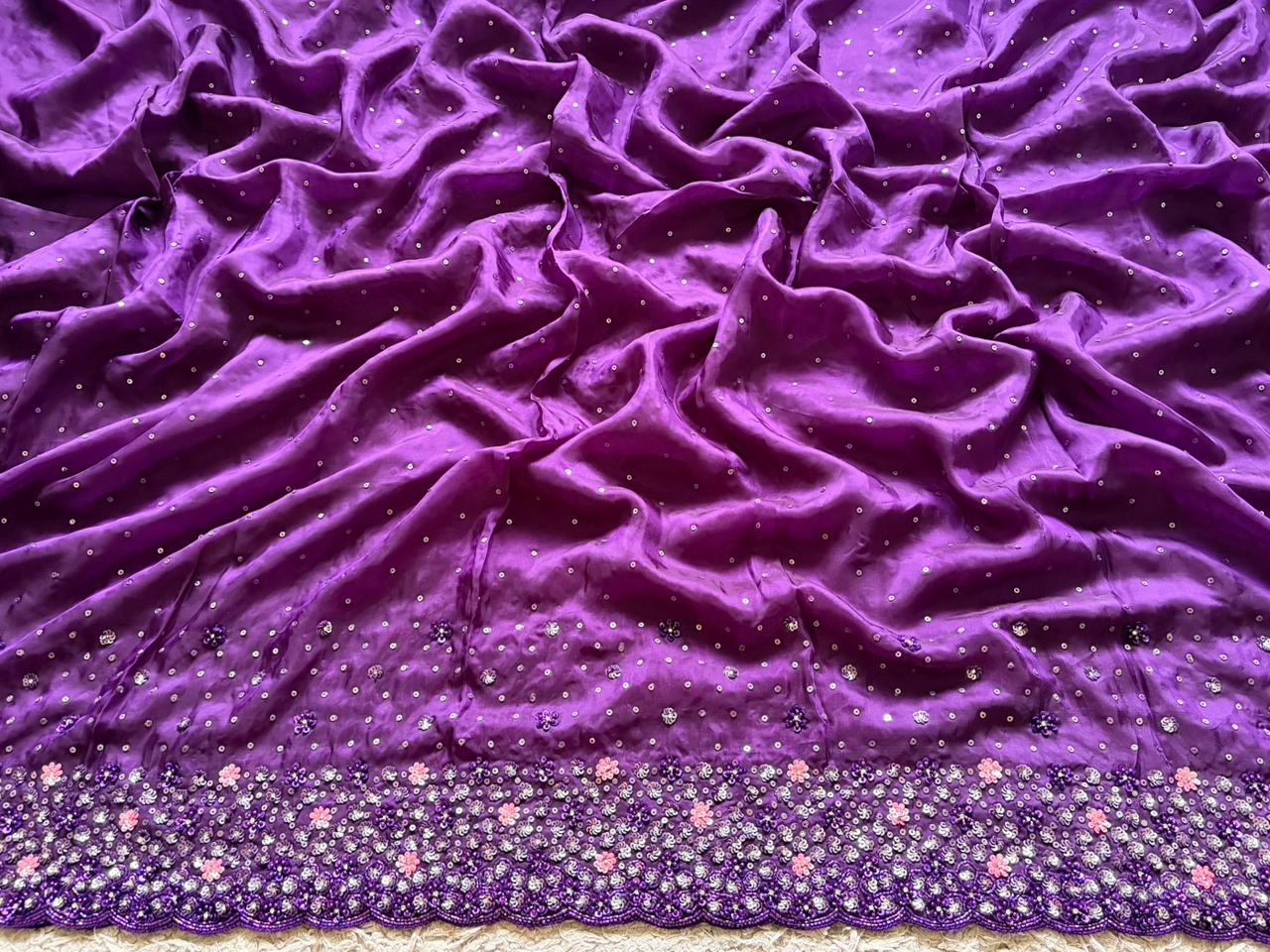 Purple Premium Satin Organza Silk Saree with Intricate Pearl Sequins Cut Daana Handwork & Heavy Russian Silk Embellishment
