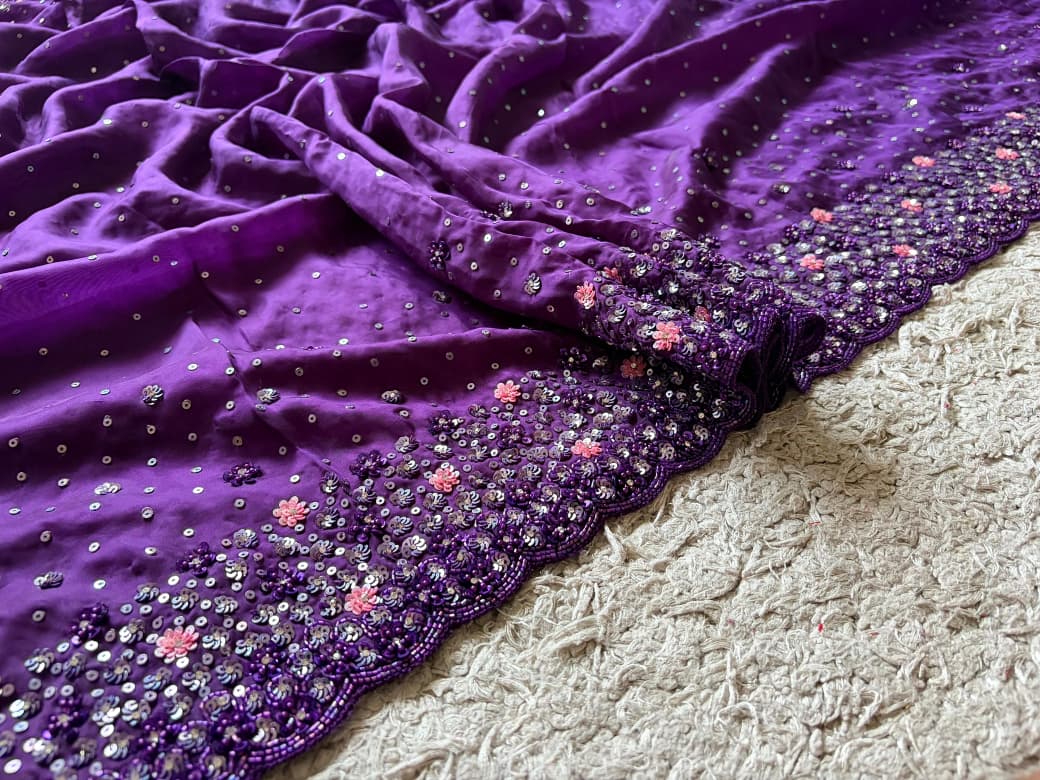 Purple Premium Satin Organza Silk Saree with Intricate Pearl Sequins Cut Daana Handwork & Heavy Russian Silk Embellishment