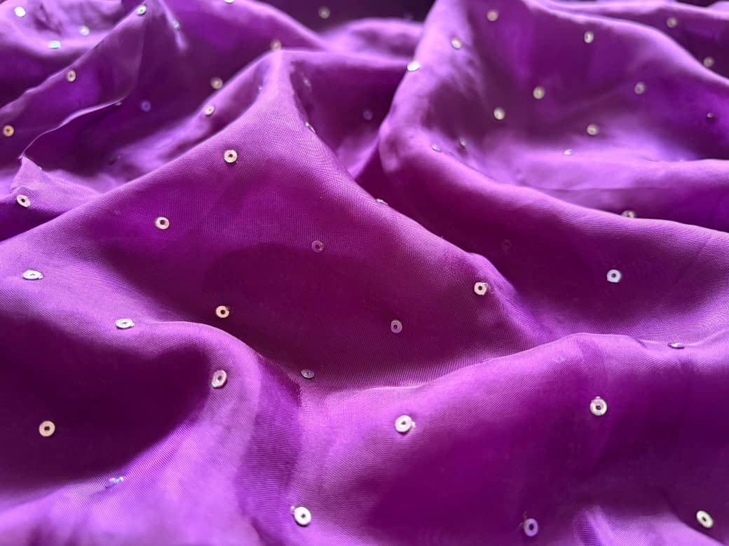 Purple Premium Satin Organza Silk Saree with Intricate Pearl Sequins Cut Daana Handwork & Heavy Russian Silk Embellishment