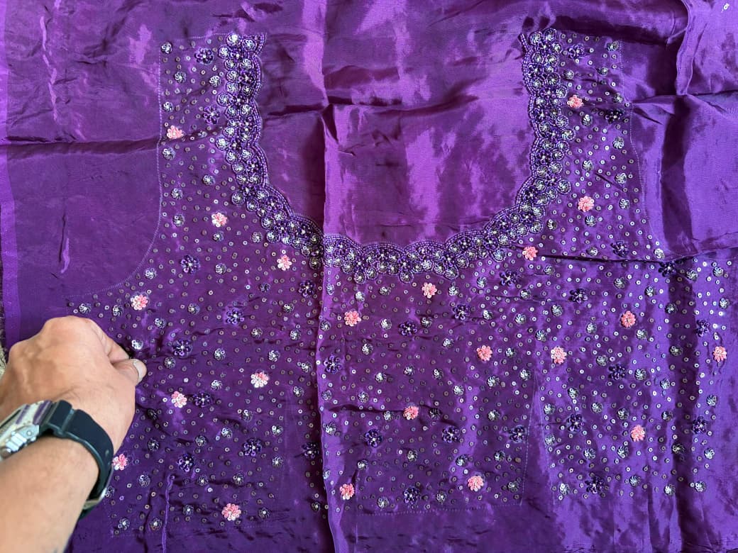 Purple Premium Satin Organza Silk Saree with Intricate Pearl Sequins Cut Daana Handwork & Heavy Russian Silk Embellishment