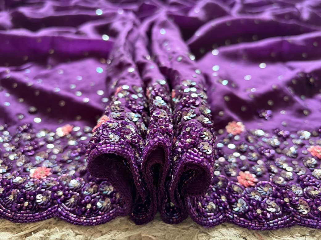 Purple Premium Satin Organza Silk Saree with Intricate Pearl Sequins Cut Daana Handwork & Heavy Russian Silk Embellishment