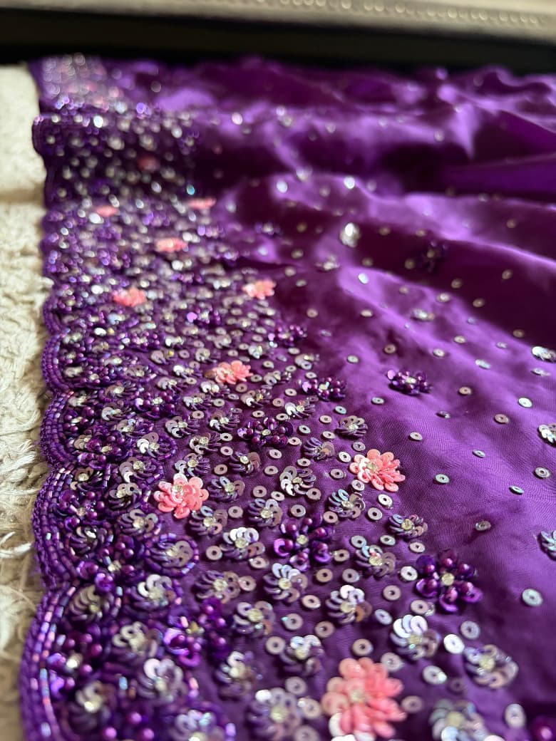 Purple Premium Satin Organza Silk Saree with Intricate Pearl Sequins Cut Daana Handwork & Heavy Russian Silk Embellishment