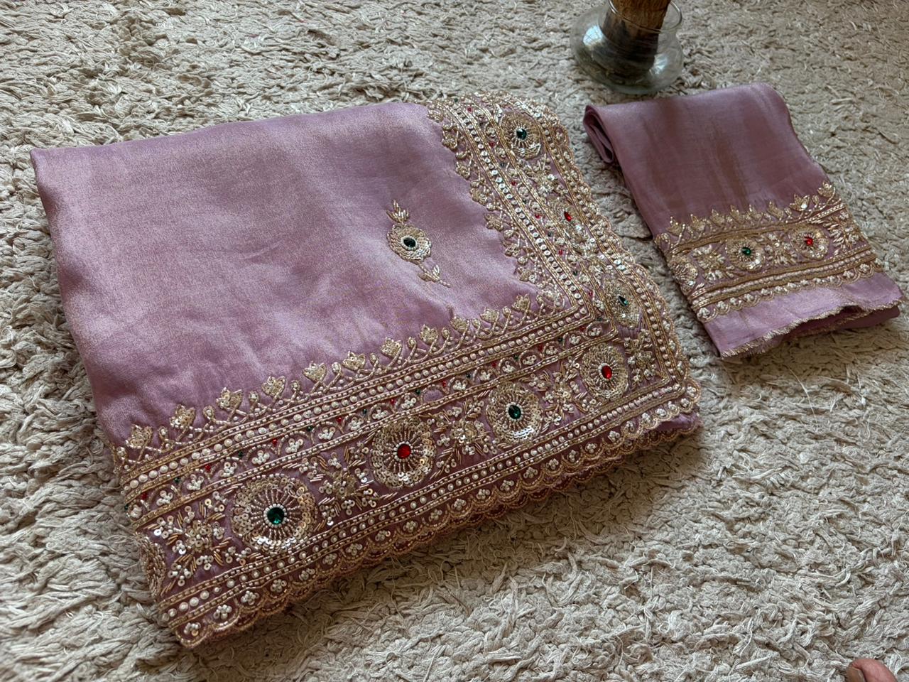 Rekha Ji Inspired Premium Pure Banarasi Zari Tissue Silk Saree with Rich Zardozi Handwork