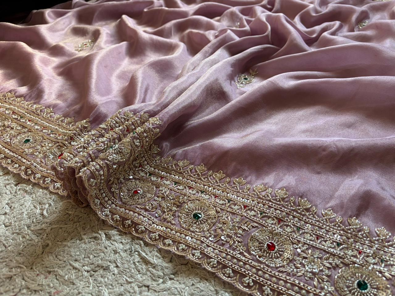 Rekha Ji Inspired Premium Pure Banarasi Zari Tissue Silk Saree with Rich Zardozi Handwork