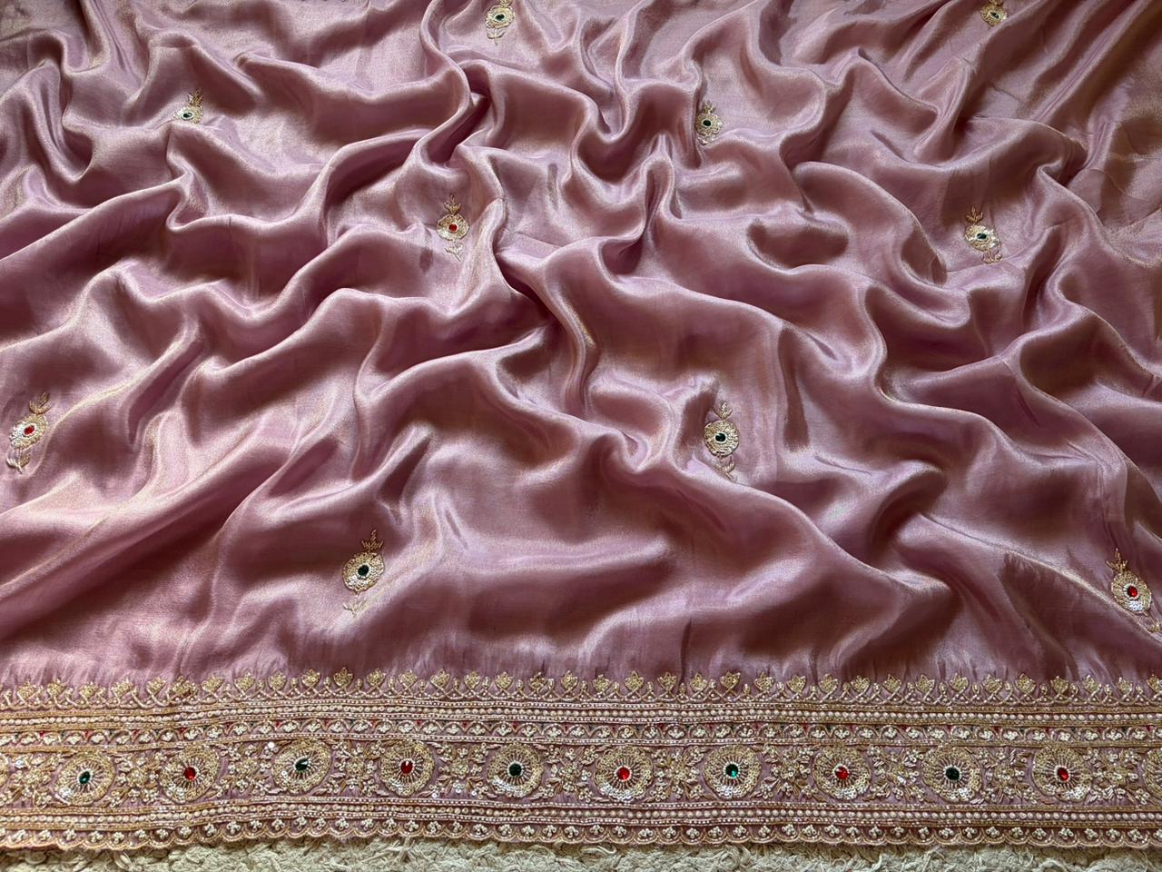 Rekha Ji Inspired Premium Pure Banarasi Zari Tissue Silk Saree with Rich Zardozi Handwork