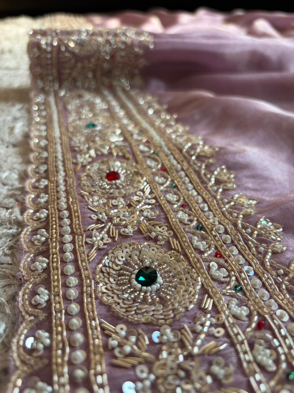 Rekha Ji Inspired Premium Pure Banarasi Zari Tissue Silk Saree with Rich Zardozi Handwork