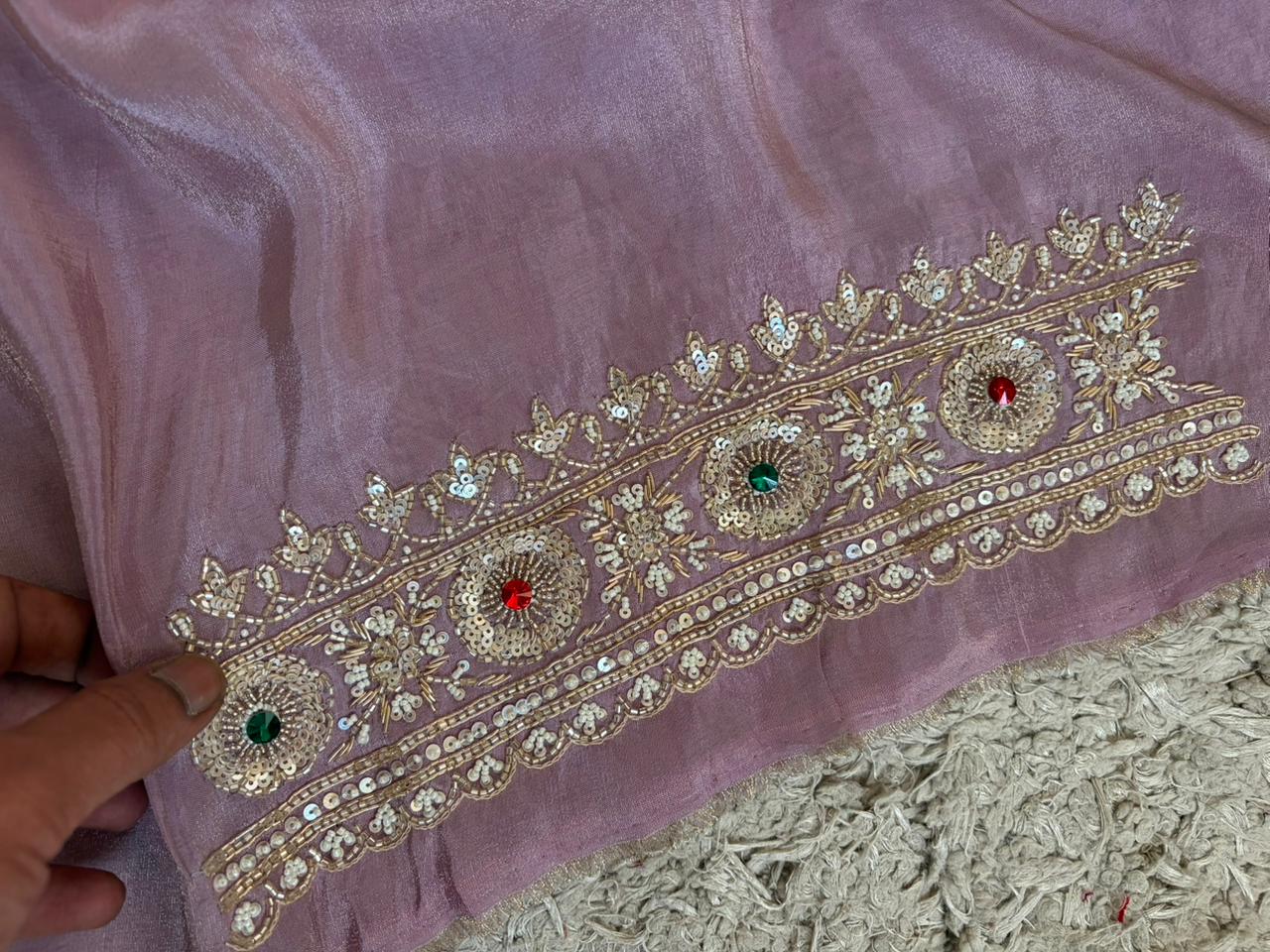 Rekha Ji Inspired Premium Pure Banarasi Zari Tissue Silk Saree with Rich Zardozi Handwork