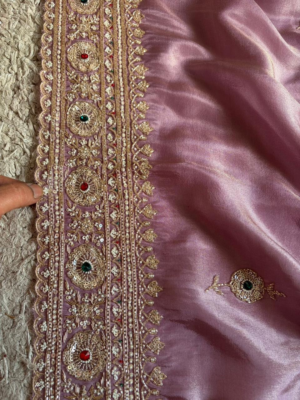 Rekha Ji Inspired Premium Pure Banarasi Zari Tissue Silk Saree with Rich Zardozi Handwork