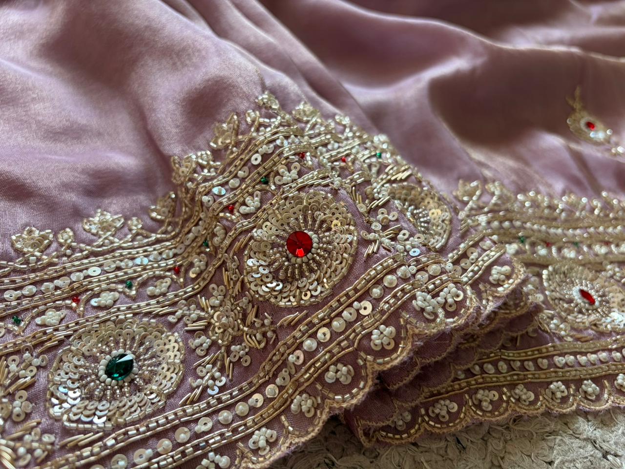 Rekha Ji Inspired Premium Pure Banarasi Zari Tissue Silk Saree with Rich Zardozi Handwork