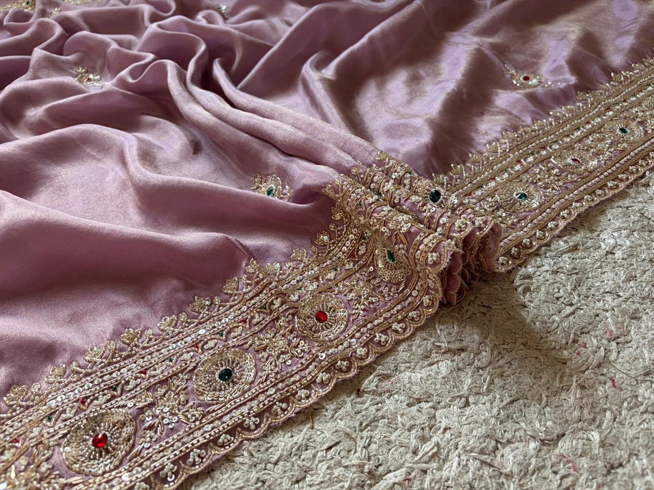 Rekha Ji Inspired Premium Pure Banarasi Zari Tissue Silk Saree with Rich Zardozi Handwork