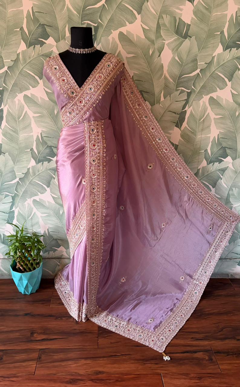 Rekha Ji Inspired Premium Pure Banarasi Zari Tissue Silk Saree with Rich Zardozi Handwork