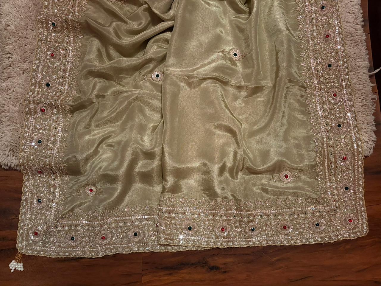Rekha Ji Inspired Premium Pure Banarasi Zari Tissue Silk Saree with Rich Zardozi Handwork