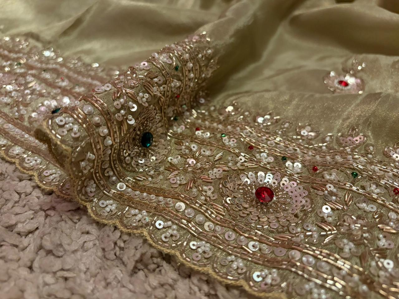 Rekha Ji Inspired Premium Pure Banarasi Zari Tissue Silk Saree with Rich Zardozi Handwork