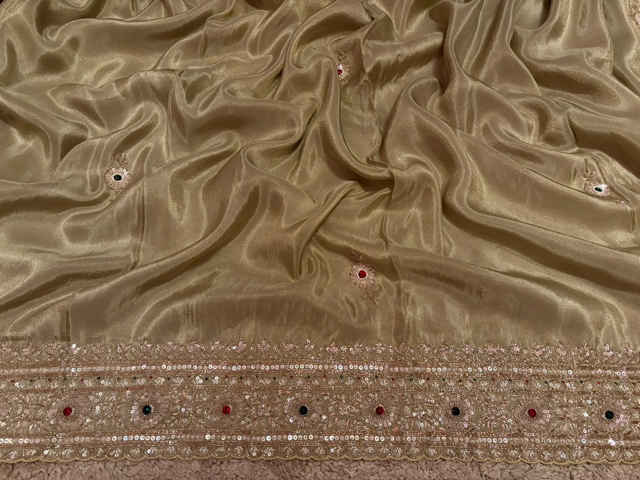 Rekha Ji Inspired Premium Pure Banarasi Zari Tissue Silk Saree with Rich Zardozi Handwork