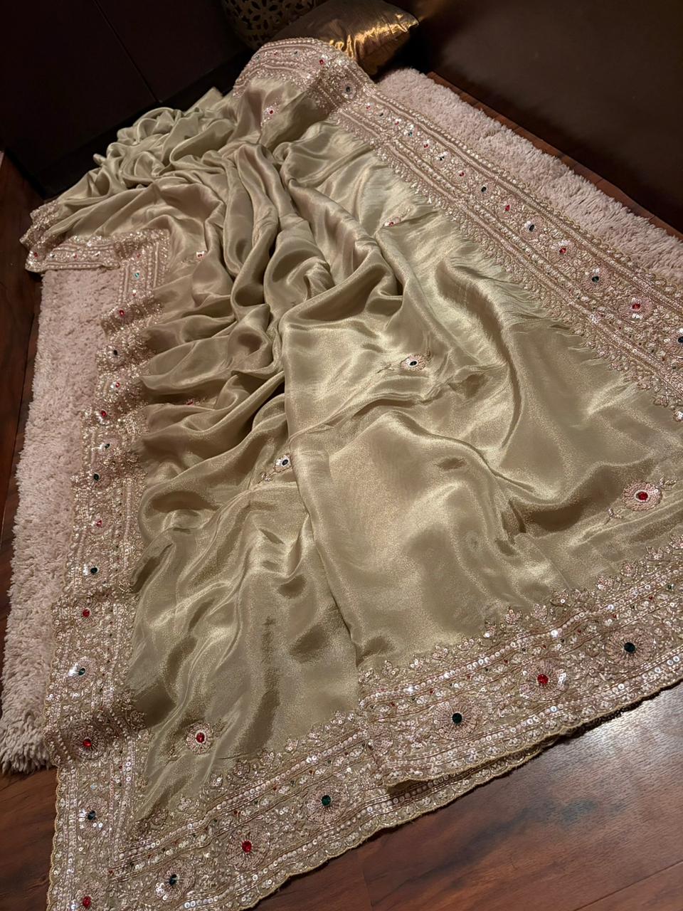 Rekha Ji Inspired Premium Pure Banarasi Zari Tissue Silk Saree with Rich Zardozi Handwork