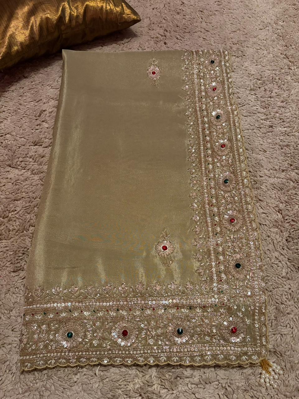 Rekha Ji Inspired Premium Pure Banarasi Zari Tissue Silk Saree with Rich Zardozi Handwork